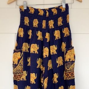 Women’s Elephant Pants, blue and yellow print